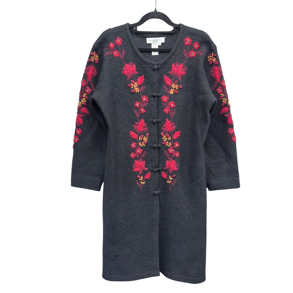 Marisa Christina XL Black 100% Wool Embroidered Floral Frog Toggle Cardigan Coat